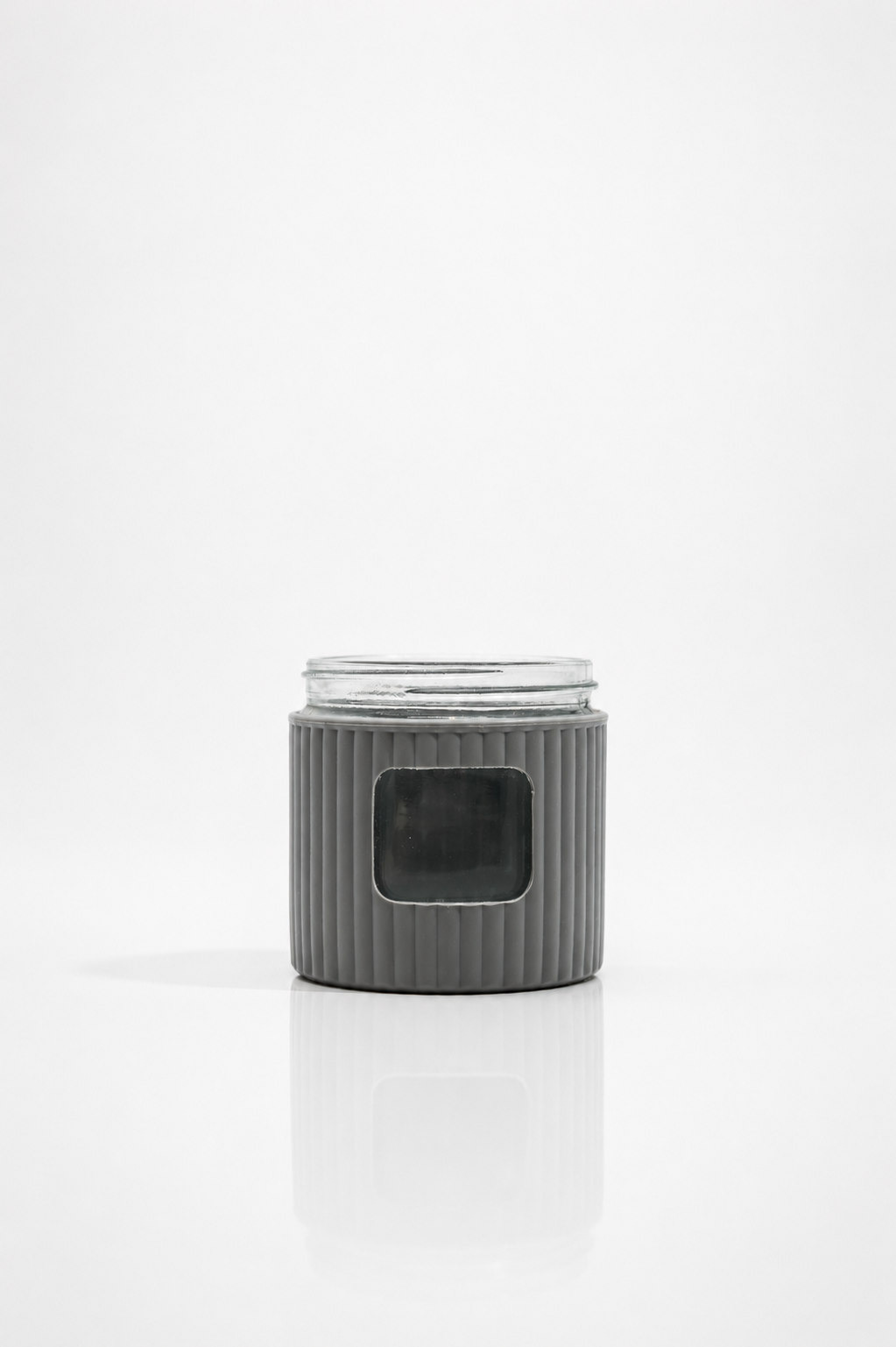 Clear Glass Candle Jar with Grey Ribbed Ceramic-Look Sleeve